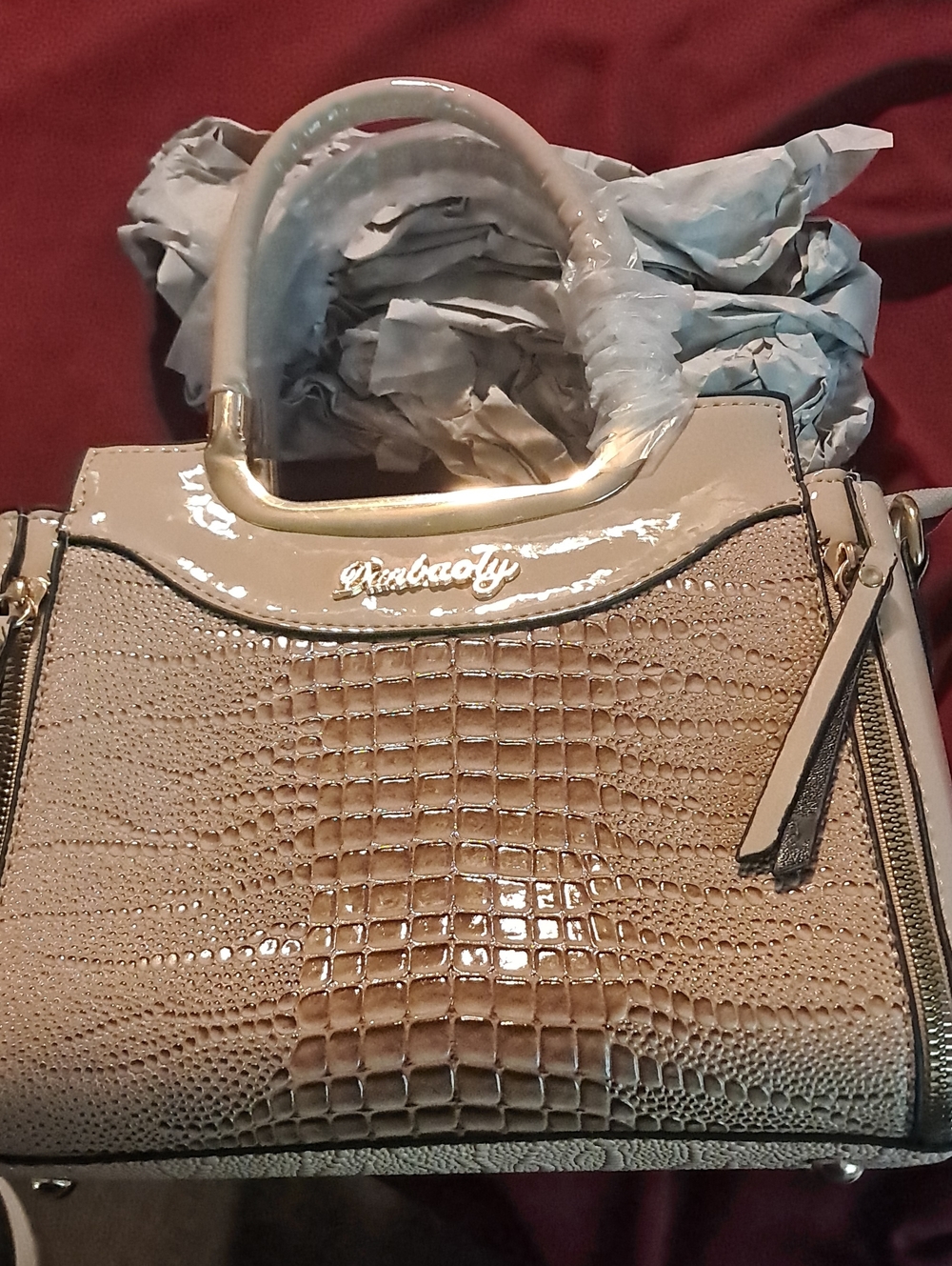 Beige Croc-Textured Satchel Bag